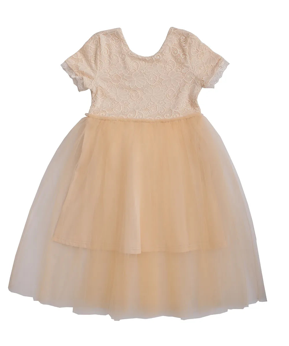 שמלת תחרה לילדה "לוסי" עם חצאית טול מסתובבת בצבע משמש