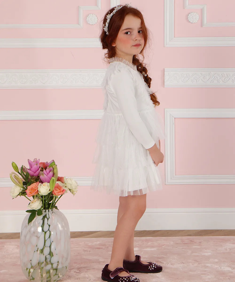 שמלה לשושבינה עם שרוול שמלה מטול לילדה לבנה שמלה לשבת שמלה לחג