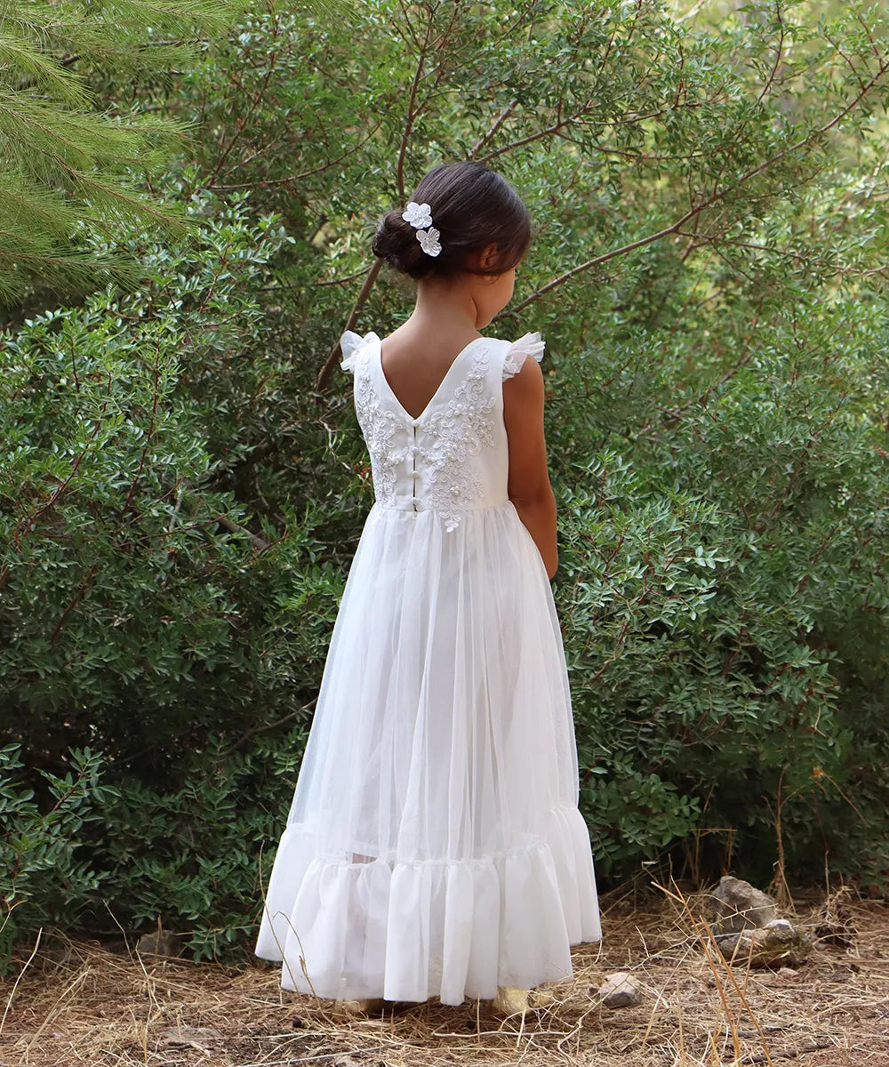 שמלתה לשושבינה ארוכה מיוחדת מעוצבת שמלת לבת מצווה לבנה ארוכה שמלה לנסיכה יפה מטול