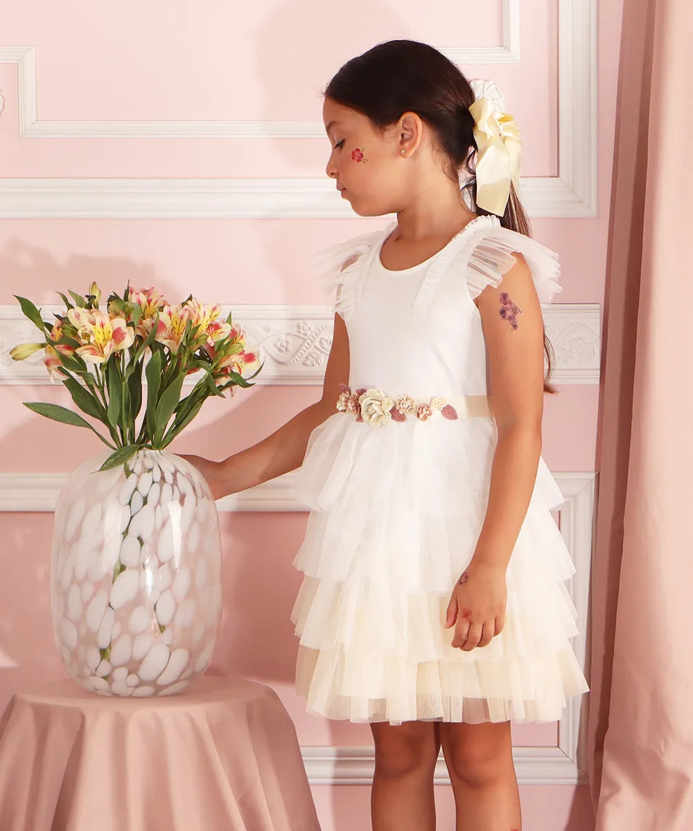 שמלת שושבינה ילדה טול רומנטית לבן שמנת שמלה לאירוע ליום הולדת לילדה לחג