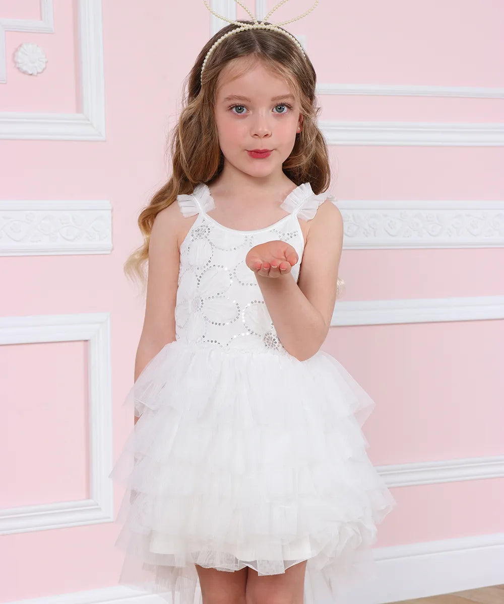 שמלת שושבינה ילדה לבנה טול נסיכה לאירוע יום הולדת טול רקמה כלה