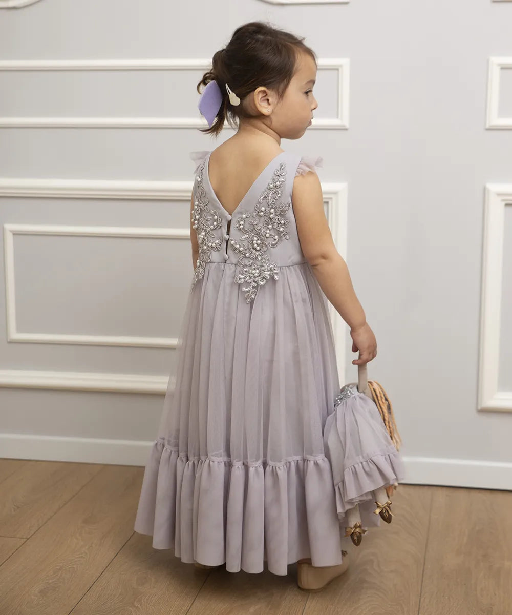שמלת ערב לילדה שמלת לשושבינה שמלה מיוחדת לילדה שמלה אפורה מטול