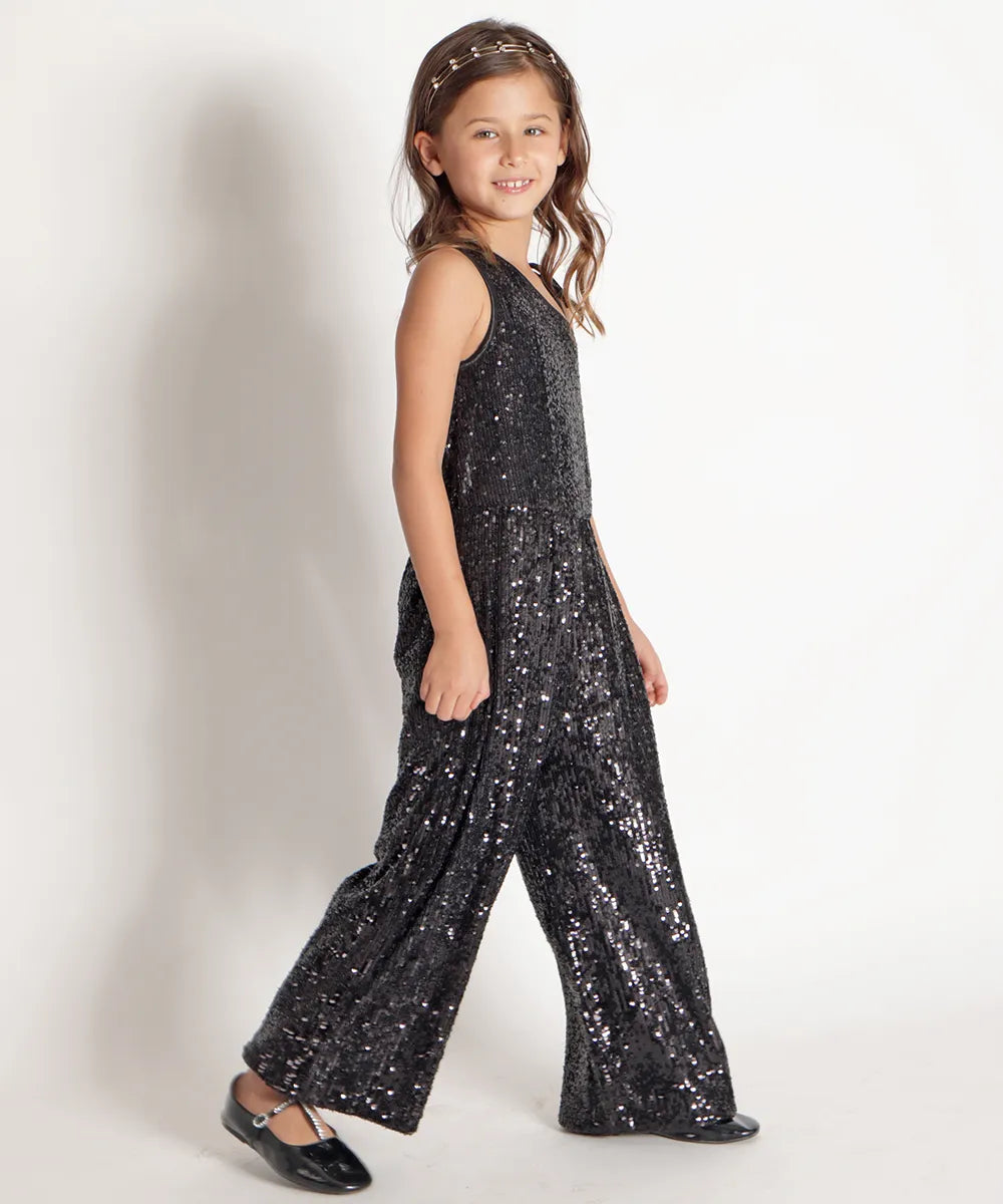 אוברול פייטים לילדה כתף אחת צבע שחור