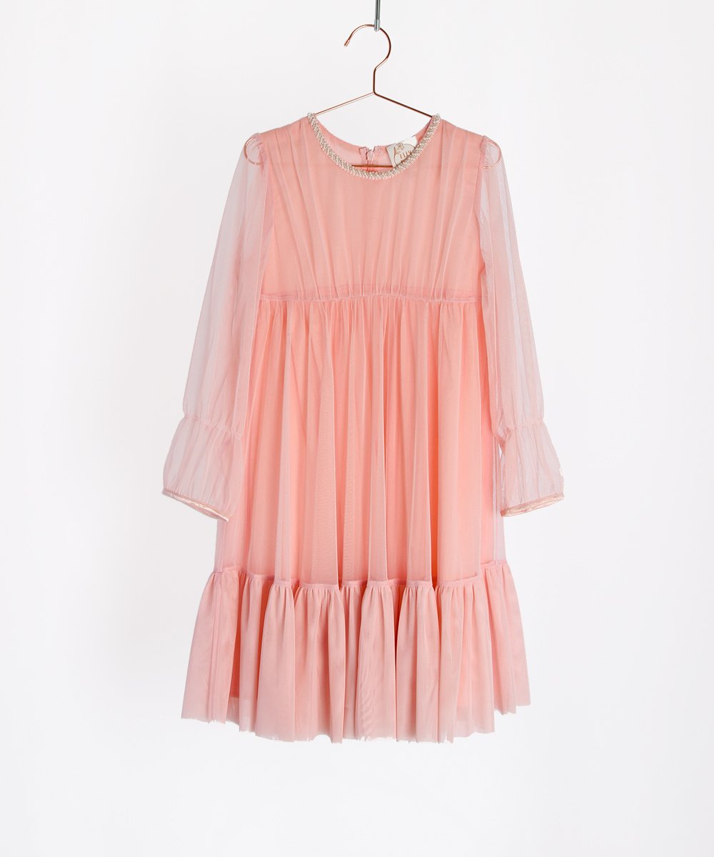 שמלה אדל רומנטית מטול בצבע ורוד עם שרוול ארוך באורך מיני