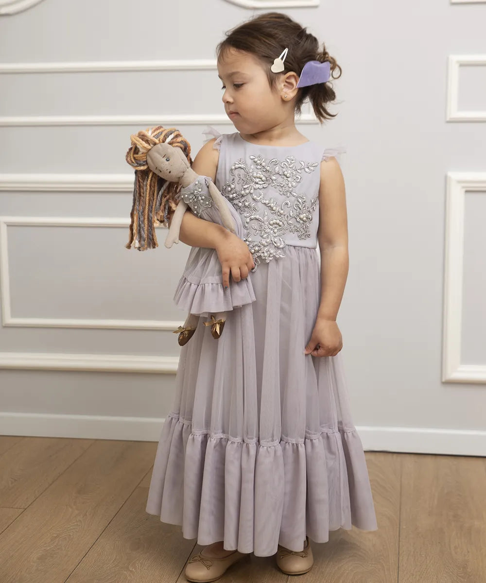 שמלת ערב לילדה שמלת לשושבינה שמלה מיוחדת לילדה שמלה אפורה מטול