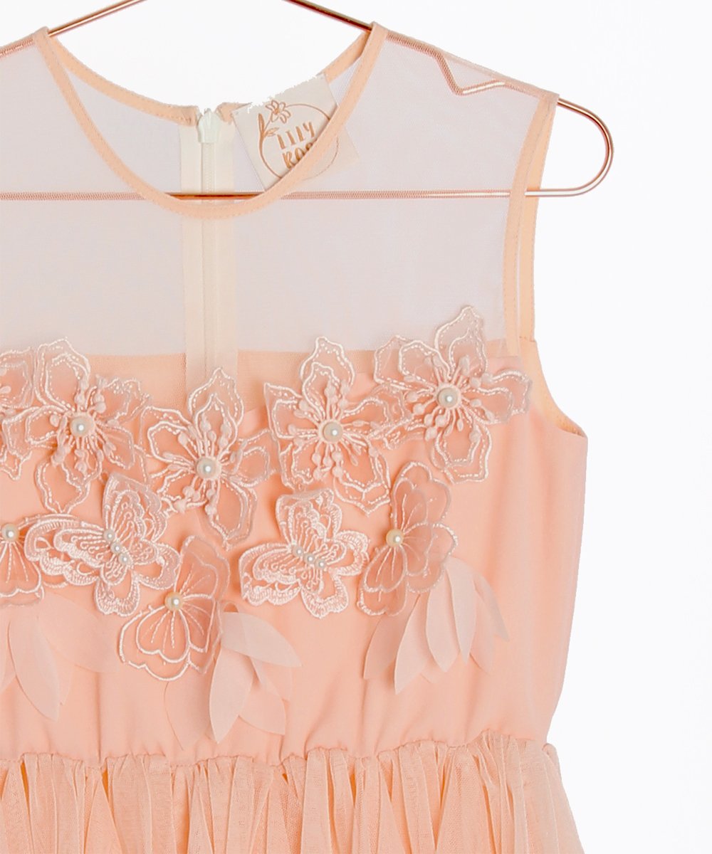 שמלת איימי רומנטית באורך מיני, צבע ורוד אפרסק עם אפליקציית פרחים
