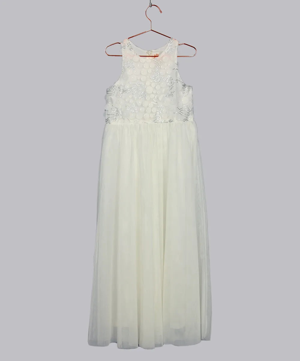 שמלת טיילור לבנה באורך מקסי עם פייטים וחצאית טול