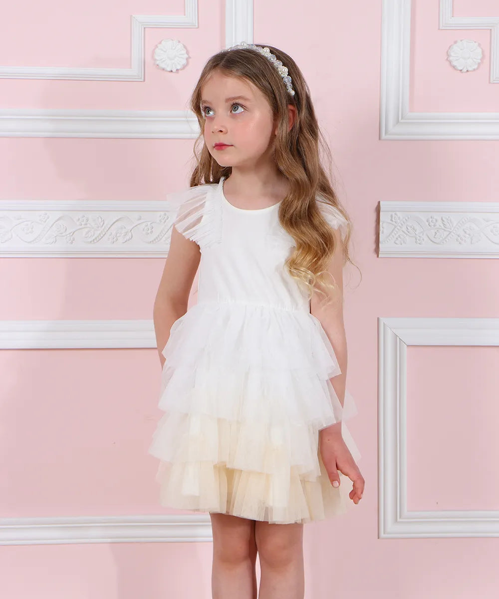 שמלת שושבינה ילדה טול רומנטית לבן שמנת שמלה לאירוע ליום הולדת לילדה לחג