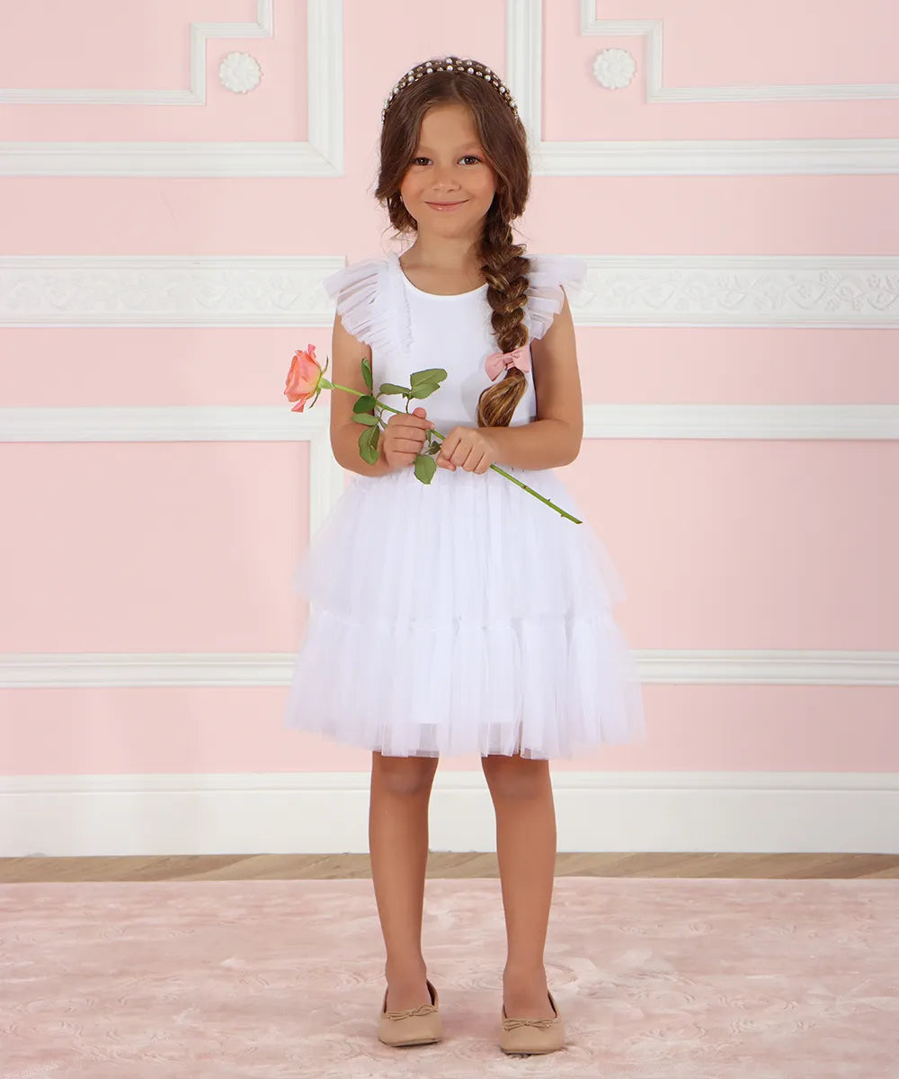 שמלת שושבינה שמלה לילדה, שמלה שושבינה טול לבנה שמלה לילדה לחתונה