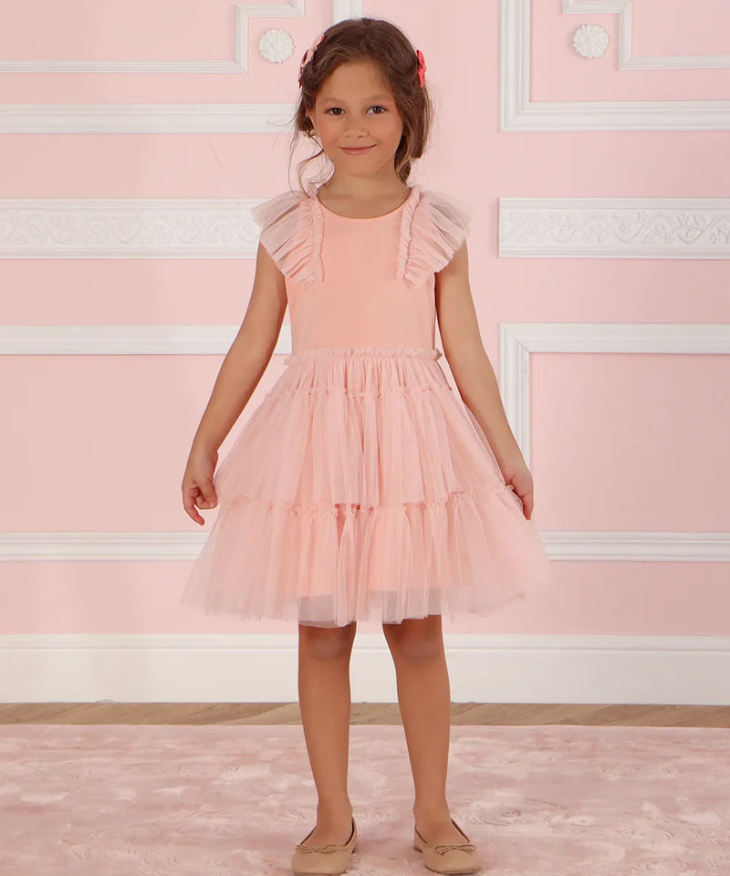שמלה בורוד אפרסק לילדה מטול מסתובבת חגיגית, שמלה לנסיכות  שמלה לילדה לחתונה