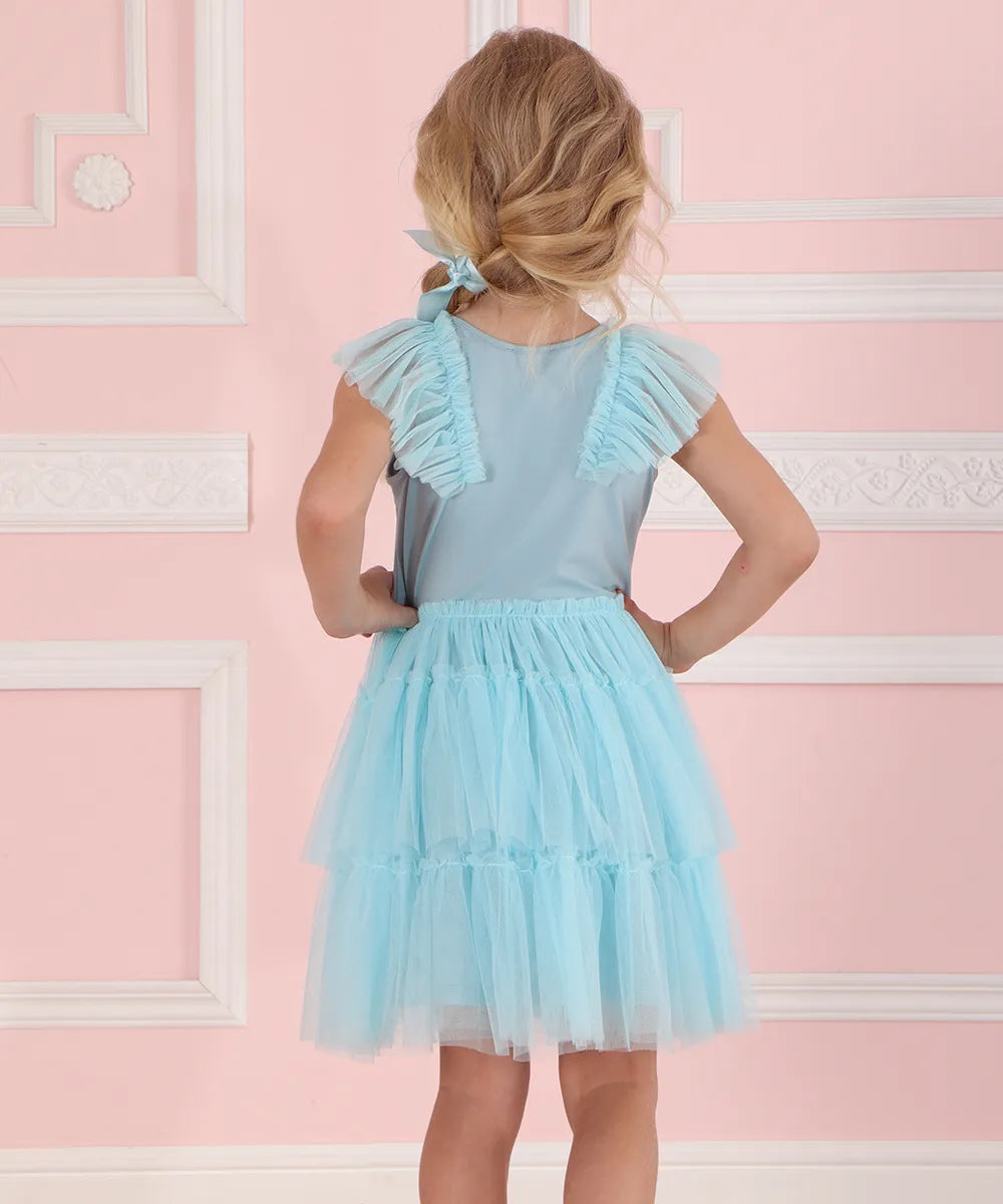 שמלה לילדה מסתובבת חגיגית מטול, שמלה כחולה לילדה