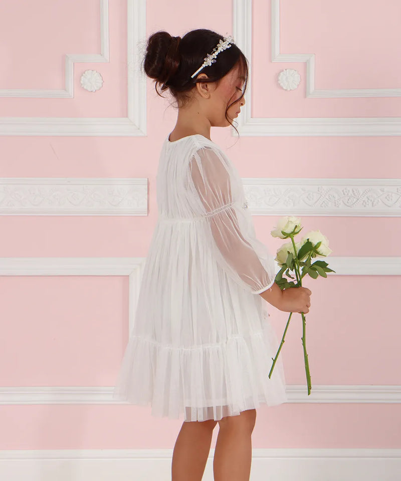 שמלה חגיגית לילדה שמלה לבנה לחג שמלה לבנה לשבת שמלה עם שרוול לילדה חגיגית מיוחדת מעוצבת שמלה לבת מצווה שמלה לילדות דתיות