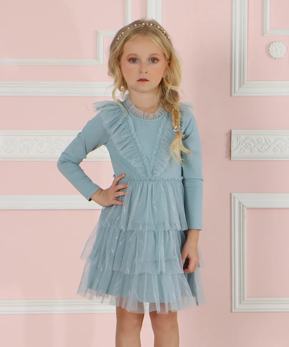 שמלה לשושבינה שמלה לחג שמלה לילדה בצבע כחול תכלת שמלה עם שרוול לשבת שמלה חגיגית מטול