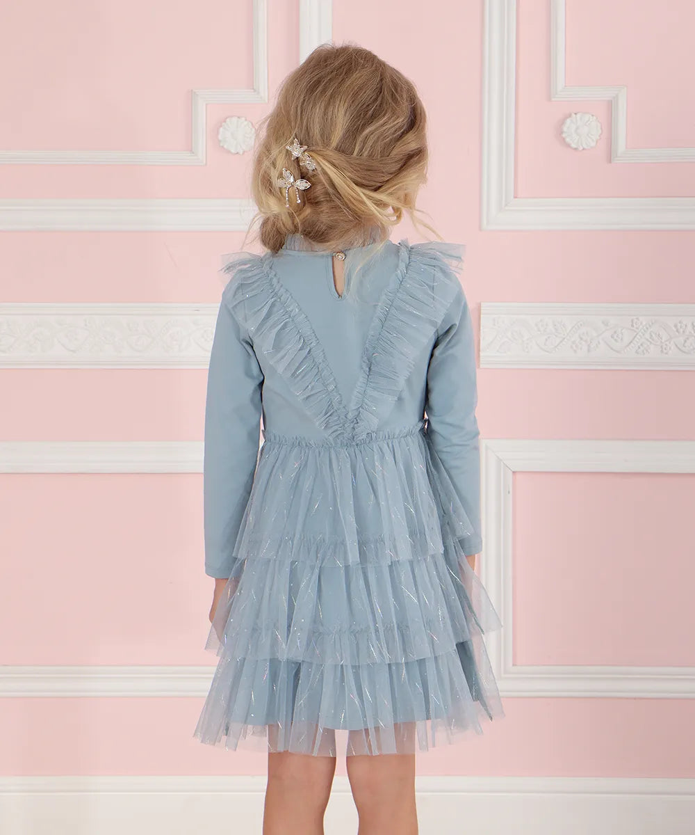 שמלה לשושבינה שמלה לחג שמלה לילדה בצבע כחול תכלת שמלה עם שרוול לשבת שמלה חגיגית מטול