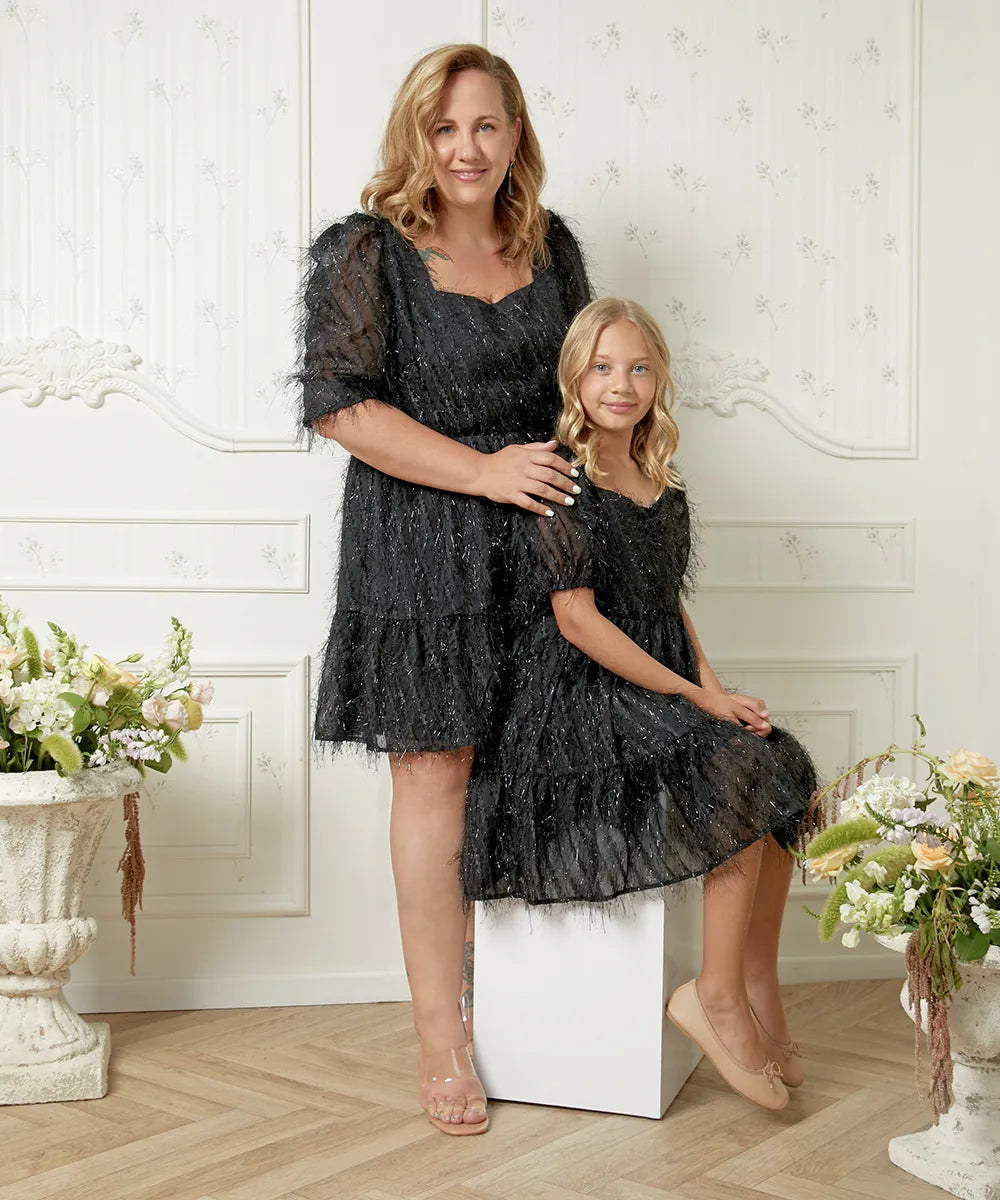 שמלת ערב mommy and me תואמת אמא ולידה, שמלה חגיגית שחורה, שמלה קטנה שחורה