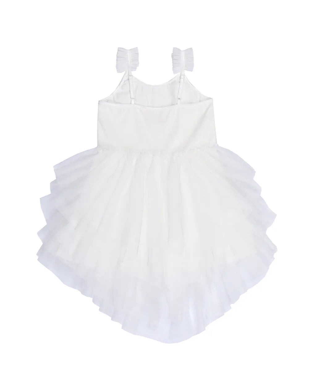שמלת אגנסה כתפיה חצאית טול קומות בצבע לבן