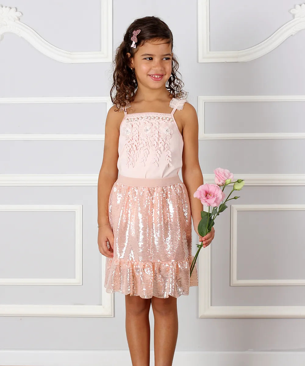 חצאית פייטים לילדה בצבע ורוד אפרסק חגיגית לאירוע חצאית לילדה לאירוע מיוחד מעוצב 