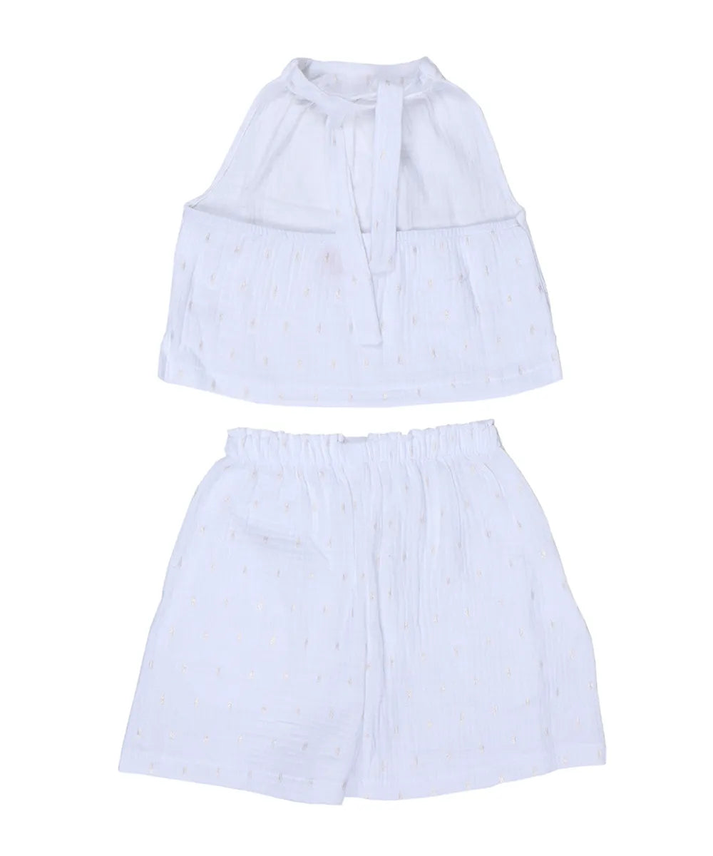 חליפת מכנסיים קצרים לילדה מטטרה כותנה בלבן